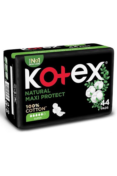 Kotex فوط صحية سميكة ماكسي بروتيكت من كوتكس، 100% قطن، مقاس كبير مع أجنحة، 44 فوطة صحية