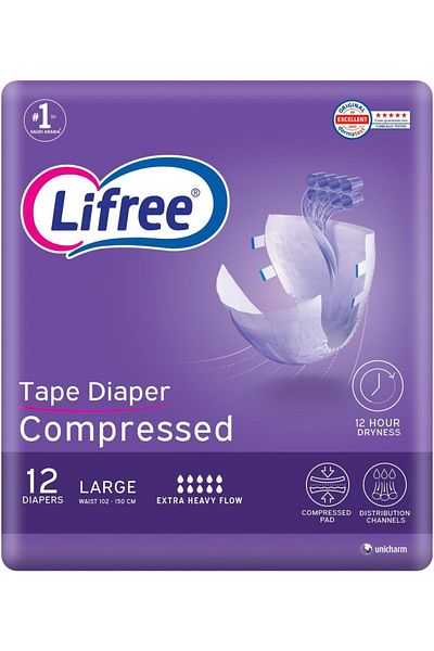 Lifree Compressed Adult Diaper Tape, Large Size, 8 Cup Absorbency, Regular Pack, 12 Pieces