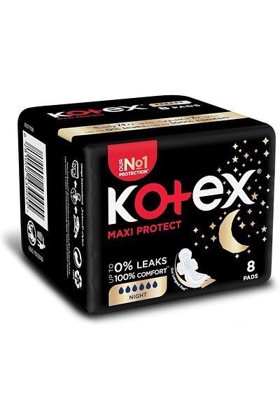 Kotex فوط صحية سميكة ماكسي بروتيكت من كوتكس، فوط صحية للحماية الليلية بأجنحة، 8 فوط صحية