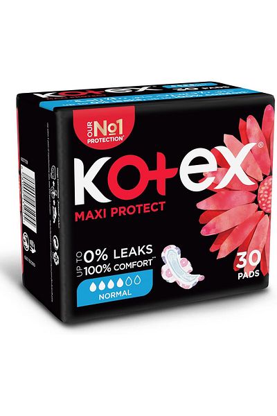 Kotex فوط صحية سميكة ماكسي بروتيكت من كوتكس، مقاس عادي مع أجنحة، 30 فوطة صحية
