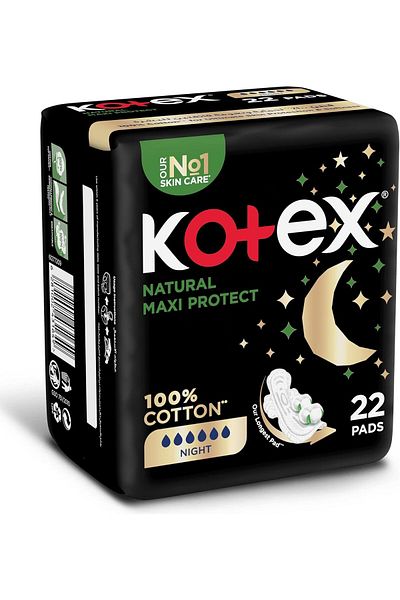 Kotex فوط صحية طبيعية سميكة ماكسي بروتيكت، 100% قطن، فوط صحية للحماية طوال الليل مع جناح