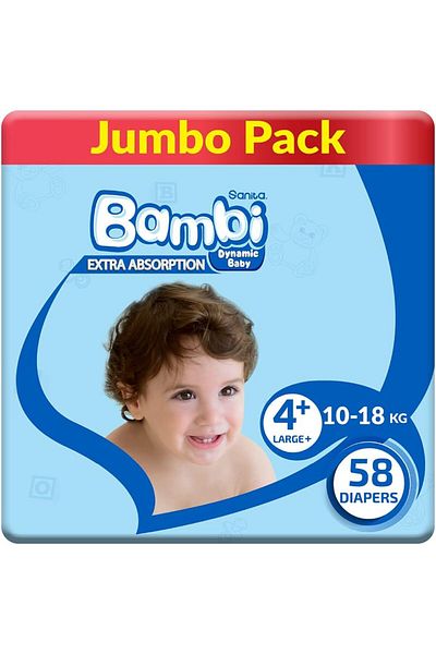 Sanita Bambi , Size 4+, Large+, 10-18 kg, Jumbo Pack, 58 Diapers