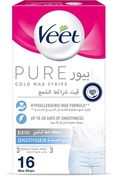 Veet شرائح شمع نقية باردة لمنطقة البكيني، تركيبة مضادة للحساسية للبشرة الحساسة، تدوم حتى 28 يومًا