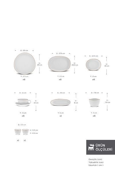 Karaca Streamline Middle Porcelain 34 Pieces Breakfast/Service Set for 6 Persons Gold