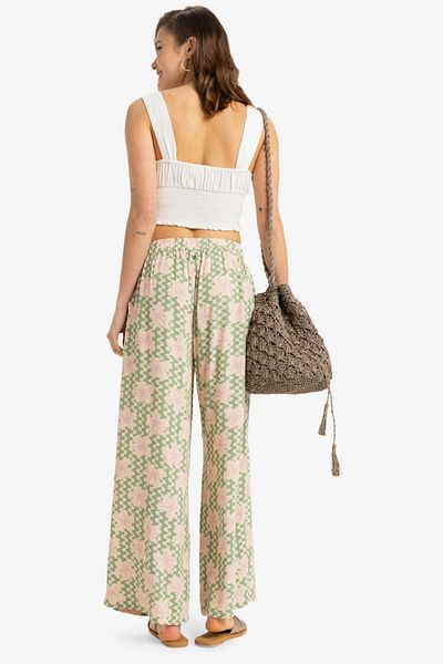Roxy Kurzärmlige, mittellange, karierte Crepe-Hose mit weitem Bein – Damen