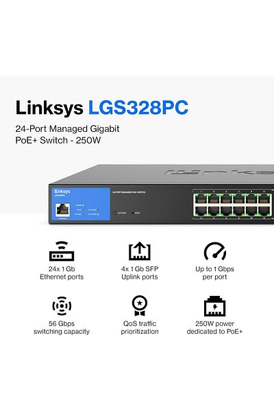 Linksys مفتاح Gigabit PoE+ مُدار بـ 24 منفذًا بقوة 250 وات مع 4 وصلات SFP بسرعة 1 جيجابت ومتوافق مع TAA LGS328PC