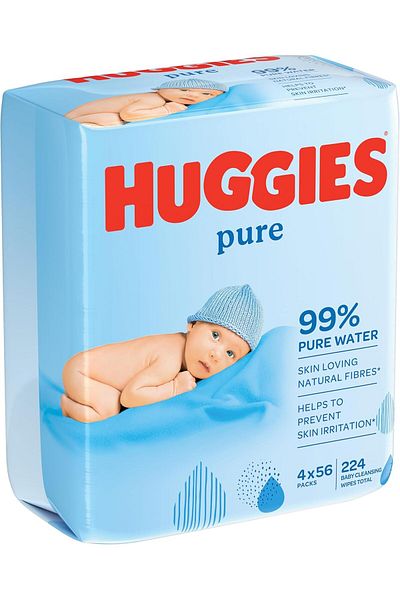 Huggies Pure, Baby Wipes, 4 Packs (224 Wipes Total) - Natural Wet Wipes for Sensitive Skin - 99 Perc