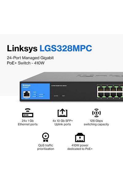 Linksys LGS328MPC 24 منفذ Gigabit Network PoE+ Switch @ 410W مع 4 فتحات SFP+ Uplink 10G - Smart