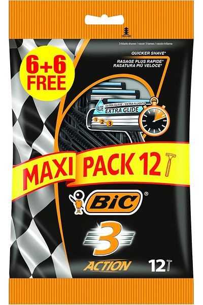 Bic 3 Action Razor Set for Men - Pack of 12, Triple Blade for Close and Comfortable Shave, Polymer-C