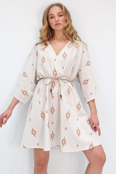Trend Alaçatı Stili Beiges KrenKa-Kleid – Midi-Länge mit Ärmeln aus Leinen – ALC-X13609
