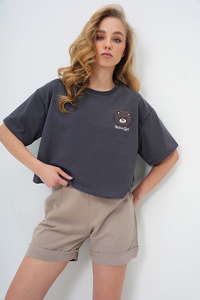 Trend Alaçatı Stili Women's Anthracite Crew Neck Teddy Bear Motif Oversize Crop T-Shirt Alc-X13675