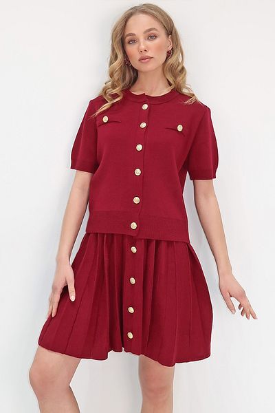 Trend Alaçatı Stili Women's Burgundy Crew Neck Button Detailed Knitwear Blouse and Skirt Set Alc-X13679