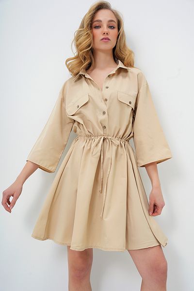 Trend Alaçatı Stili Beiges Safari-Hemdkleid – Damen gewebt ALC-X6196