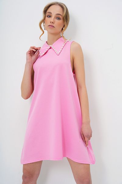 Trend Alaçatı Stili Ärmelloses Basic-Kleid für Damen in Rosa mit Kunstperlenkragen ALC-X13480