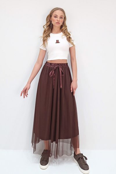 Trend Alaçatı Stili Damen-Rock aus bitterbraunem, elastischem Band mit elastischem Bund und detailliertem, gefüttertem Tüll ALC-X13676