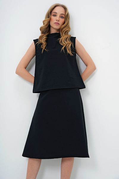 Trend Alaçatı Stili Women's Black Stand Collar Sleeveless Blouse Skirt Suit Alc-X13485