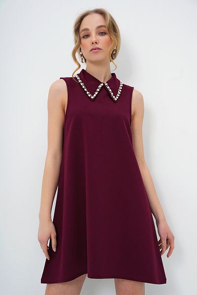 Trend Alaçatı Stili Ärmelloses Basic-Kleid mit Pflaumen-Kunstperlenkragen für Damen ALC-X13480