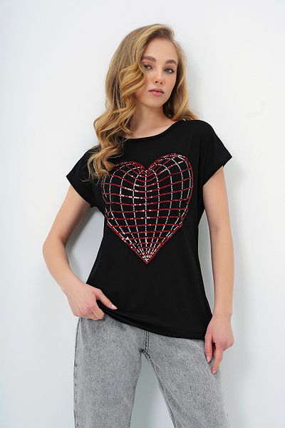 Trend Alaçatı Stili Women's Black Crew Neck Heart Embroidered Zero Sleeve T-Shirt Alc-X13681