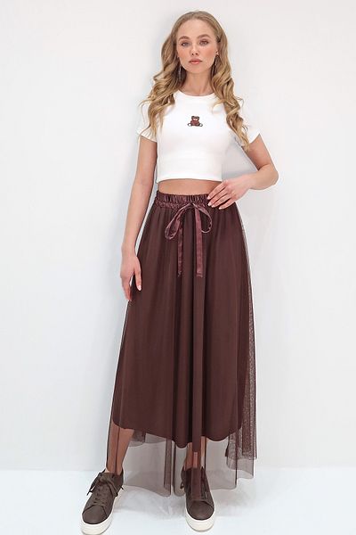 Trend Alaçatı Stili Damen-Rock aus bitterbraunem, elastischem Band mit elastischem Bund und detailliertem, gefüttertem Tüll ALC-X13676