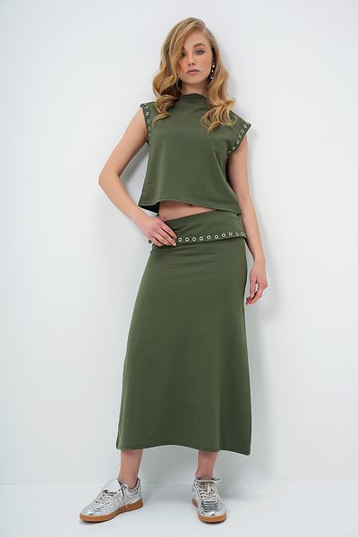 Trend Alaçatı Stili Women's Khaki Ring Stand Collar Blouse and Skirt Suit Alc-X13482