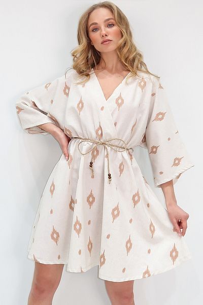 Trend Alaçatı Stili Beiges KrenKa-Kleid – Midi-Länge mit Ärmeln aus Leinen – ALC-X13609