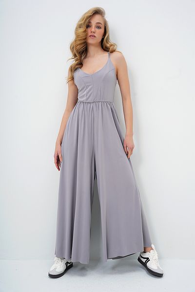 Trend Alaçatı Stili Grauer Damen-Overall aus Modalstoff mit verstellbaren Trägern und weitem Bein ALC-X13688