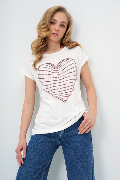 Trend Alaçatı Stili Women's Ecru Crew Neck Heart Embroidered Zero Sleeve T-Shirt Alc-X13681