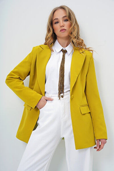 Trend Alaçatı Stili Ölgrün gefütterte Damen-Blazerjacke mit einem Knopf ALC-X...