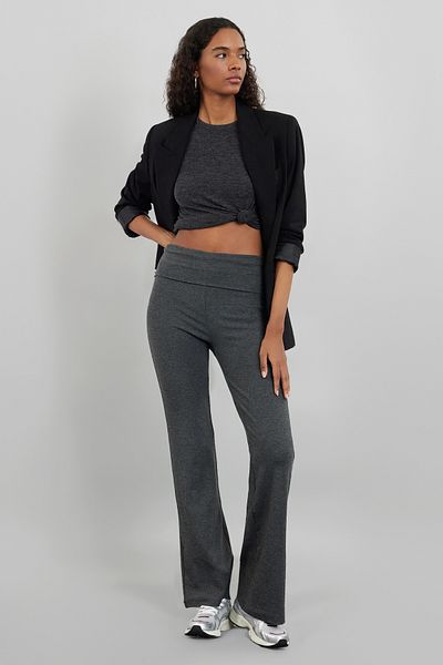 Trendyol Collection Flexible Anthracite Melange Flare Trousers - Spanish Leg, Waist Detail, Interlock Knitted TWOAW25PL00005
