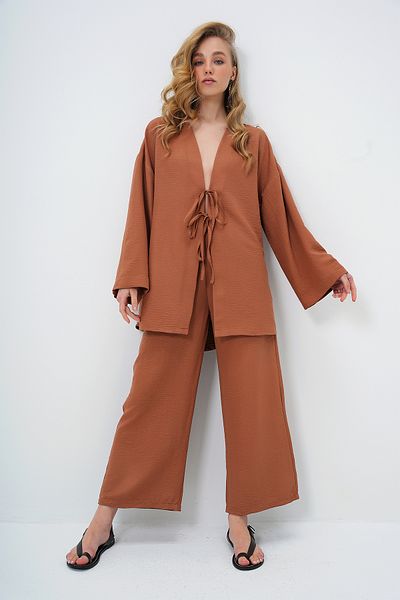 Trend Alaçatı Stili Women Brown Kimono Jacket and Palazzo Pants Set Alc-X12452