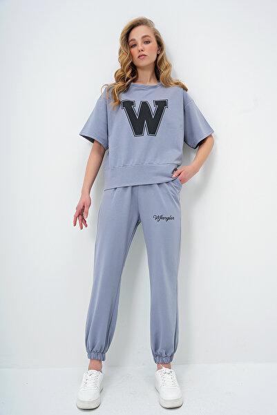 Trend Alaçatı Stili Dámská tepláková souprava s potiskem W v šedé barvě ALC-X5889