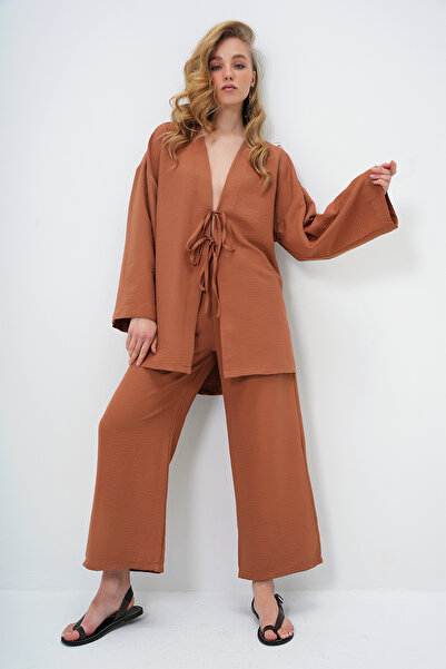 Trend Alaçatı Stili Női barna kimonó kabát és Palazzo nadrág szett ALC-X12452