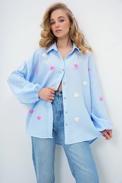 Trend Alaçatı Stili Babyblaues Oversize-Hemd aus Musselin und Leinen für Damen ALC-X13791