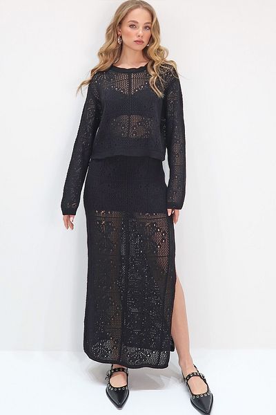 Trend Alaçatı Stili Women's Black Crew Neck Openwork Knitwear Blouse and Lined Long Skirt Set Alc-X13737