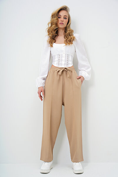 Trend Alaçatı Stili Beige High Waist Leading Double Pocket Linen Palazzo Pantalon Alc-X13775