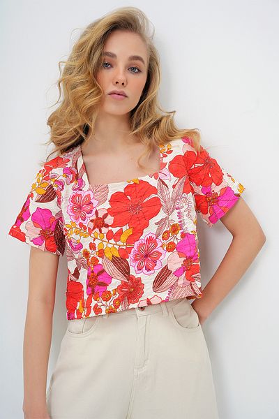Trend Alaçatı Stili Damen Bluse mit Koralle und quadratischem Ausschnitt, gewickelt, gewebt, ALC-X13794