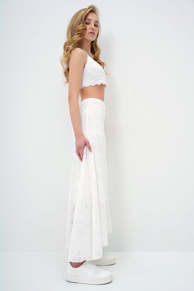 Trend Alaçatı Stili Weißer, asymmetrisch geschnittener, gefütterter Guipure-Rock für Damen ALC-X13783