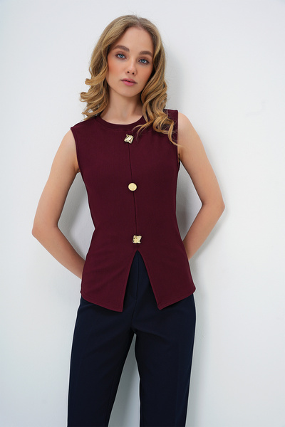 Trend Alaçatı Stili Γυναικεία μπλούζα με χρυσό λαιμόκοψη με χρυσό κουμπί Ottoban ALC-X13729