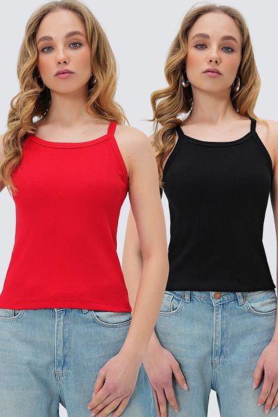 Trend Alaçatı Stili Rot-Schwarzer Neckholder für Damen, 2-teilig, ALC-X13797