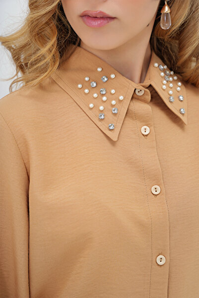 Trend Alaçatı Stili Дамска риза Aerobin с карамелени перли и камъни ALC-X10085