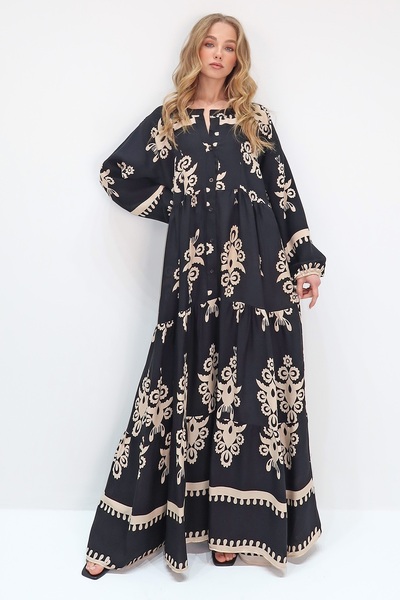 Trend Alaçatı Stili Dámské černo-béžové šátek s límcem se vzorem Maxi šaty ALC-X11593