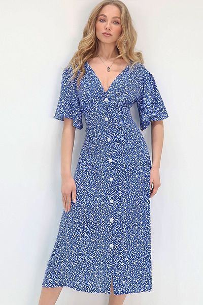 Trend Alaçatı Stili Rochie de damă, albastră, cu decolteu în V, cu nasturi în față, cu micro model, țesută din viscoză ALC-X13740