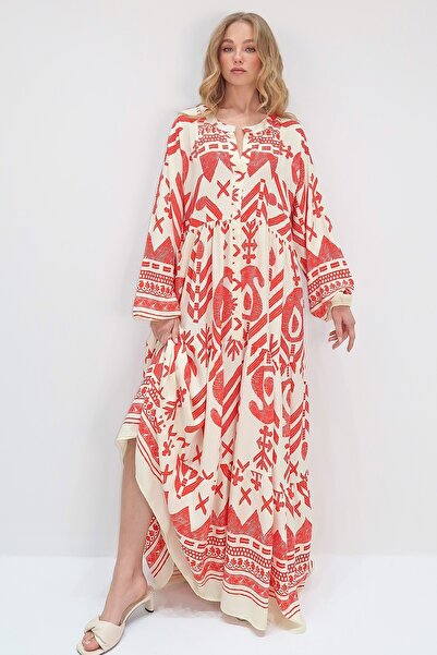 Trend Alaçatı Stili Dámske ecru-koralové šaty s golierom so vzorom maxi dĺžka ALC-X11593