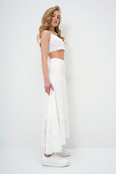 Trend Alaçatı Stili Női fehér aszimmetrikus szabású bélelt guipúr szoknya ALC-X13783