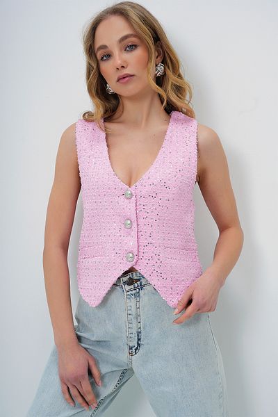 Trend Alaçatı Stili Women's Pink V-Neck Flannel Pocket Lined Jean Vest Alc-X13727