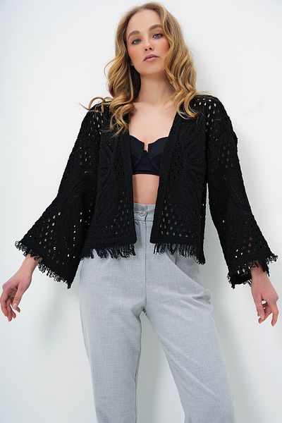Trend Alaçatı Stili Schwarzer saisonaler Damen-Cardigan mit Schmetterlingsmotiv und Quasten auf der Rückseite ALC-X13714