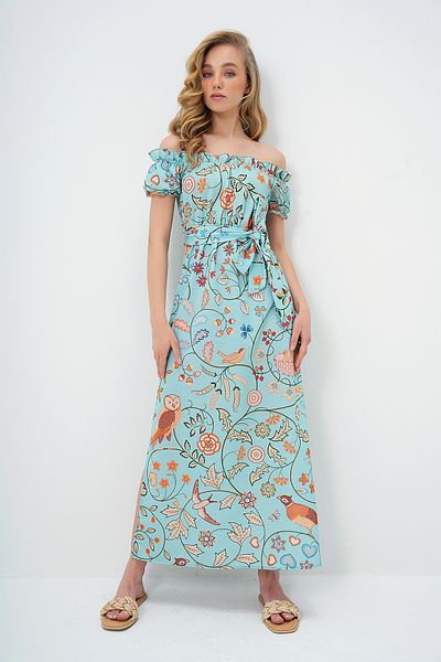 Trend Alaçatı Stili Γυναικείο φόρεμα Mint Green - Ψηφιακή εκτύπωση, βολάν μανίκια, ζώνη μέσης και σκίσιμο