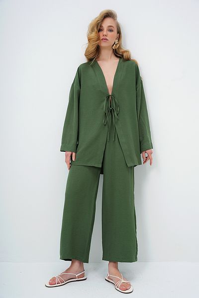 Trend Alaçatı Stili Walnut Green Kimono Jacket and Palazzo Pantalon Set Alc-X12452