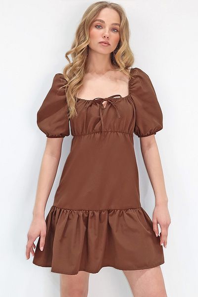 Trend Alaçatı Stili Women's Bitter Brown Square Neck Balloon Sleeve Poplin Mini Dress Alc-X13594