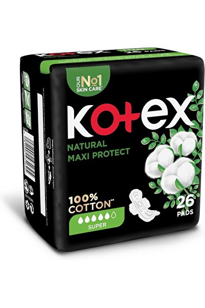 Kotex فوط كوتكس ماكسي بروتيكت الطبيعية، 100% قطن، مقاس كبير مع أجنحة، 26 فوطة، عبوة واحدة